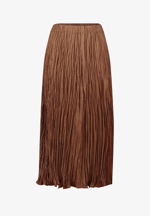 Gonna maxi plissettata marrone con elastico in vita, caratterizzata da un design texturizzato e stropicciato e una silhouette fluida.