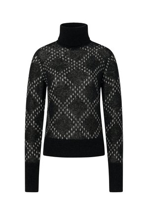 Schwarzer Rollkragenpullover mit einem diamantförmigen Strickmuster und kleinen weißen Akzenten im gesamten Stoff.