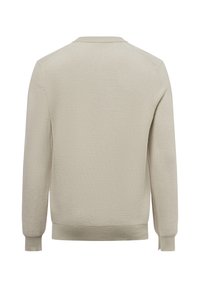 Beige gebreide trui met een gestructureerd, ribbelpatroon. Heeft een ronde hals en lange mouwen, met een aansluitende zoom en manchetten. Achteraanzicht weergegeven.