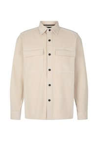 Beige corduroy shirt with long sleeves, collar, two chest pockets, and black buttons down the front. Textured fabric with ribbed pattern.