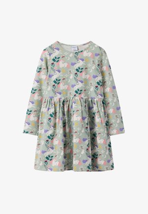 Langærmet børnedress med mintgrøn baggrund, prydet med mønstre af unicorns, kaniner, blomster, blade, måner, stjerner og briller.