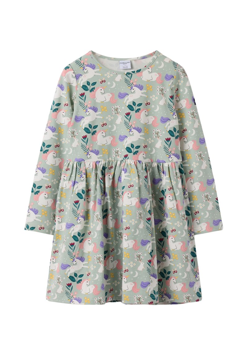 Lasten pitkähihaisessa mekossa on mintunvihreä tausta, jossa on yksisarvisia, jäniksiä, kukkia, lehtiä, kuu, tähtiä ja aurinkolasien kuvasto.