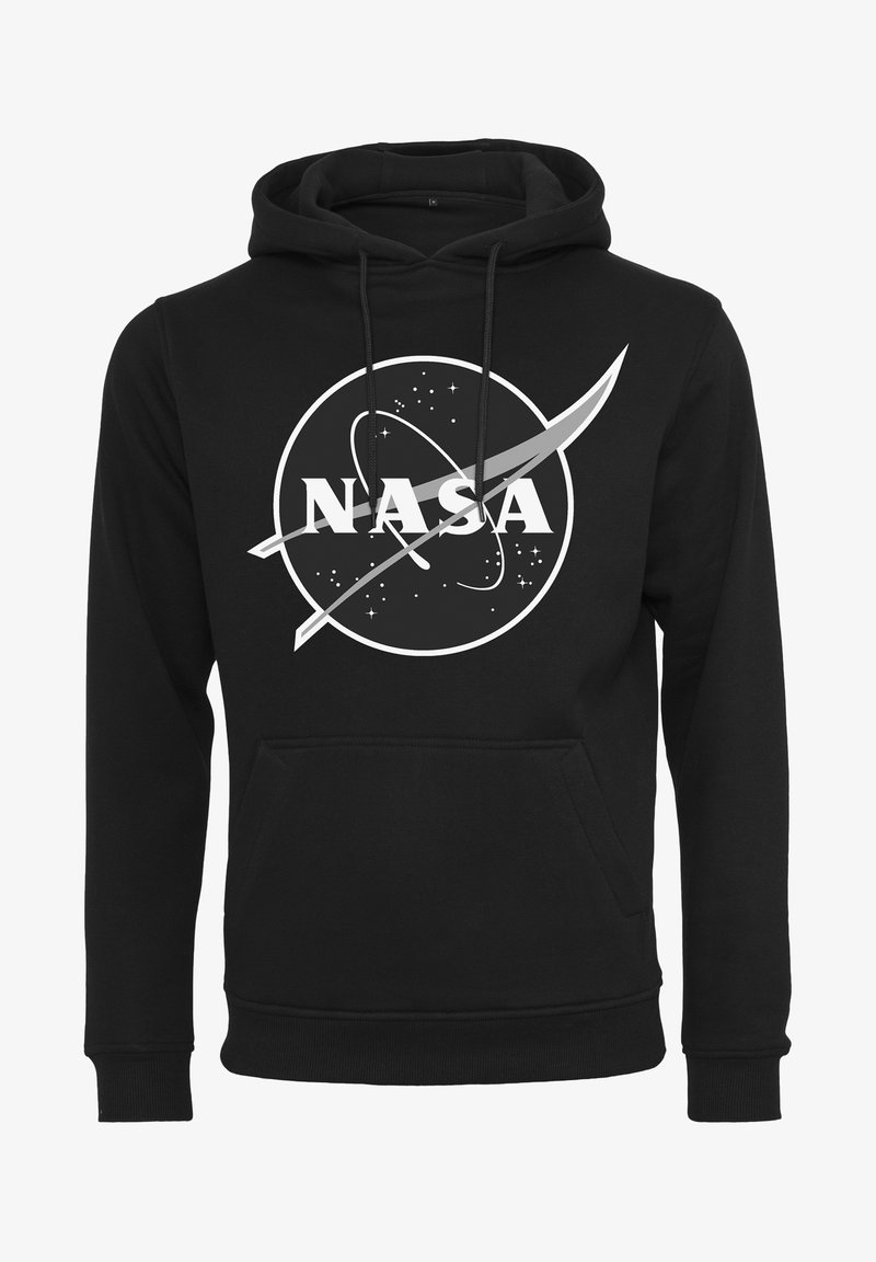 Sweat à capuche noir avec logo NASA blanc comportant un emblème spatial circulaire avec des étoiles et un design en forme de swoosh sur la poitrine.