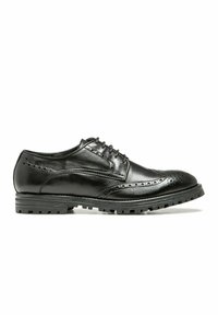 Chaussure brogue en cuir noir avec des perforations, fermeture à lacets, bout rond et semelle en caoutchouc pour l'adhérence et la durabilité.