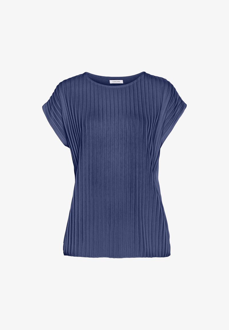 Tumesinise pleatidega särk lühikeste varrukatega, ümmargune kaelus, pehmest kangast. Omab vertikaalset tekstuuri ja lõdva istuvusega disaini.