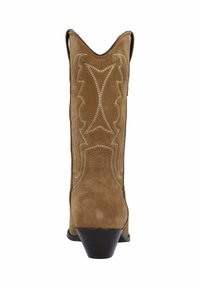 Brown suede cowboy boots feature pointed toe, ornate stitching motifs, and a low stacked heel, with traditional western-style design elements.