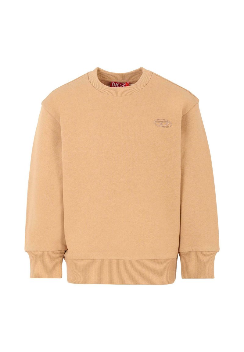 Felpa beige realizzata in tessuto testurizzato. Presenta un collo rotondo, polsini a coste e orlo, con un logo ricamato discreto sul petto.