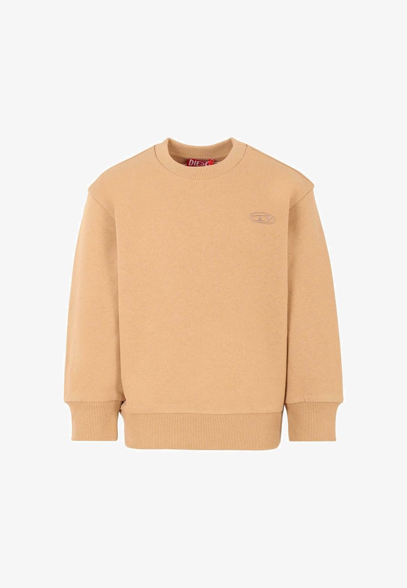 Felpa beige realizzata in tessuto testurizzato. Presenta un collo rotondo, polsini a coste e orlo, con un logo ricamato discreto sul petto.