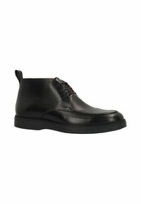 Zwarte leren enkelbooties met een gladde afwerking, ronde neus, vetersluiting aan de voorkant en een platte rubberen zool. Heeft een small lusje aan de hiel.