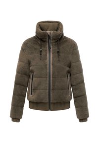 Fleecejack in olijfgroen met een hoge kraag, rits aan de voorkant en geribbelde manchetten. Voorzien van twee ritszakken aan de zijkant en een gestructureerde afwerking.