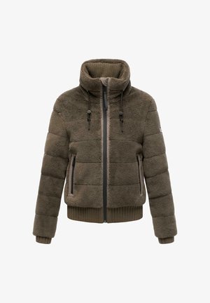 Giacca in fleece verde oliva con colletto alto, zip anteriore e polsini a costine. Presenta due tasche laterali con zip e una finitura testurizzata.