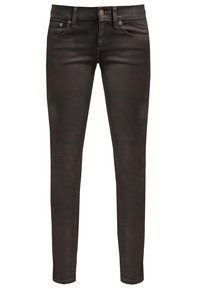 Jeans skinny neri realizzati in denim con una texture liscia, dotati di cinque tasche e chiusura frontale con bottone. Design minimalista senza motivi visibili.