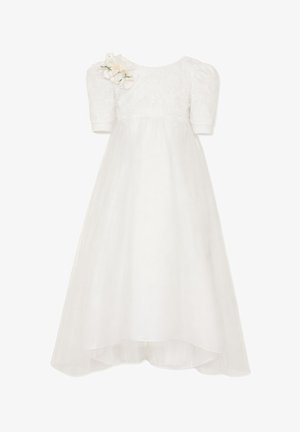 Witte jurk met korte mouwen, opgeblazen schouders, geborduurd lijfje, asymmetrische zoom en witte bloemenapplicatie op de linker schouder.
