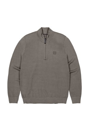 Taupekleurige pullover met lange mouwen en een kwart-ritssluiting aan de voorkant, met geribde kraag, manchetten en zoom, voorzien van een klein geborduurd logo op de borst.