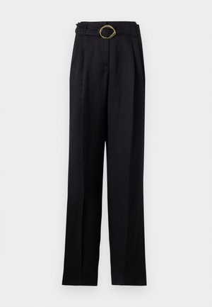 Black, high-waisted trousers with a wide leg design, featuring a twisted gold buckle on the belt. Smooth fabric with subtle sheen.