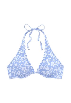 Light blue halter bikini top with white floral pattern and scalloped edges, tied in a bow at the neck.