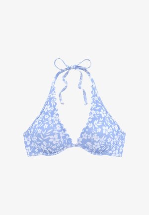 Light blue halter bikini top with white floral pattern and scalloped edges, tied in a bow at the neck.
