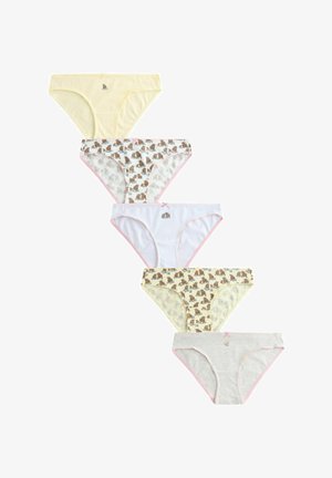 Penkios mergaičių apatinio trikotažo komplektai pastelinės geltonos, baltos, pilkos spalvų ir gyvūnų raštų, kiekvienas su mažomis kaspinėlėmis arba gyvūnų siuvinėjimais.