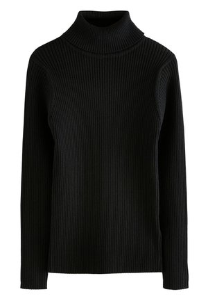 Pull noir en maille côtelée à col roulé, manches longues, silhouette ajustée et col haut sur fond blanc.