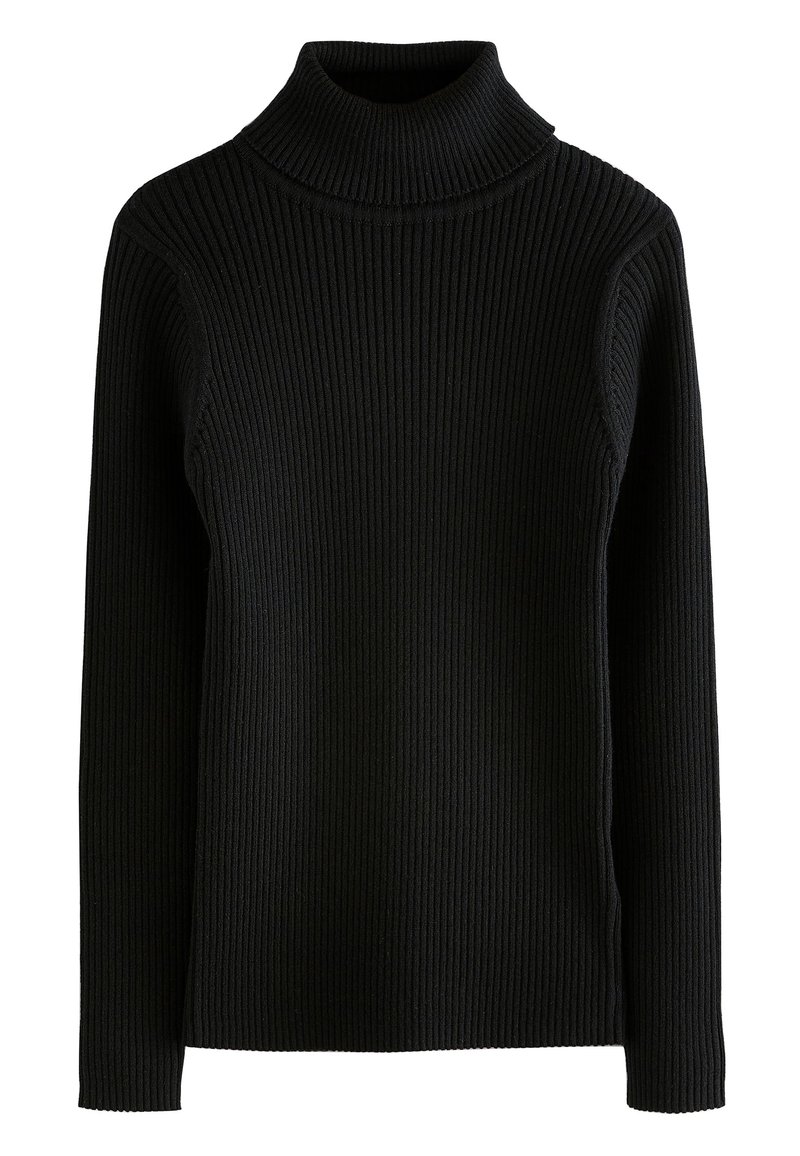 Pull noir en maille côtelée à col roulé, manches longues, silhouette ajustée et col haut sur fond blanc.
