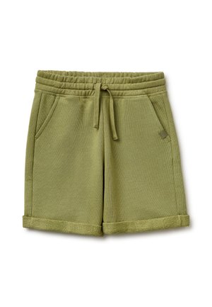 Szorty bawełniane oliwkowe z elastycznym paskiem, sznurkiem, bocznymi kieszeniami i podwiniętymi mankietami.