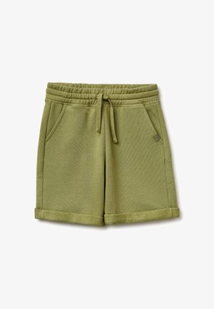 Szorty bawełniane oliwkowe z elastycznym paskiem, sznurkiem, bocznymi kieszeniami i podwiniętymi mankietami.