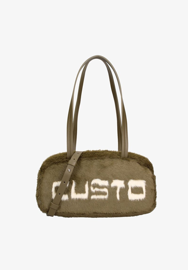 Olijfgroene pluche handtas met lange, platte hengsels. De voorkant toont "CUSTO" in het wit, met een rechthoekige vorm en een zachte textuur.