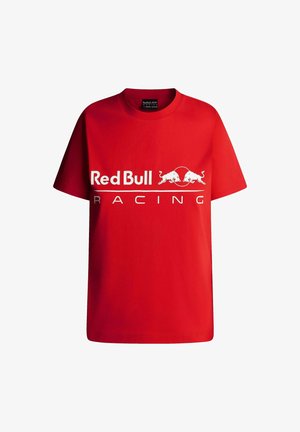 Rød kortærmet t-shirt i bomuld med rund hals, prydet med et hvidt "Red Bull Racing" logo og to stiliserede tyre.