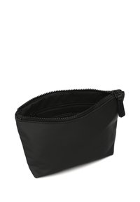 Čierny zipsový púzdro vyrobené z hladkej tkaniny, má zaoblený tvar a štruktúrovaný zips. Interiér je podšívaný jemným materiálom.
