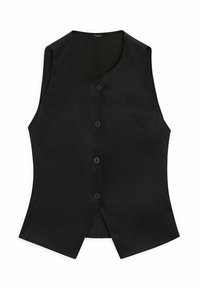Black vest featuring a V-neckline, front buttons, and fitted shape, crafted from smooth fabric with no sleeves and a sharp hem.