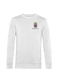 Biała bluza z długimi rękawami, z ribbowymi mankietami i dekoltem. Z przodu znajduje się kolorowy emblemat z budynkami i tekstem "BROWN.".