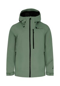 Groene gewatteerde winterjas met zwarte ritsen aan de voorkant en op de borst, verstelbare manchetten en zijzakken.