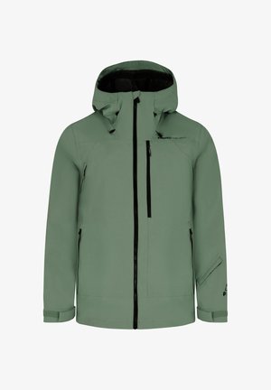 Grüne Winterjacke mit Kapuze, schwarzen Reißverschlüssen an der Vorderseite und Brust, verstellbaren Bündchen und Seitentaschen.