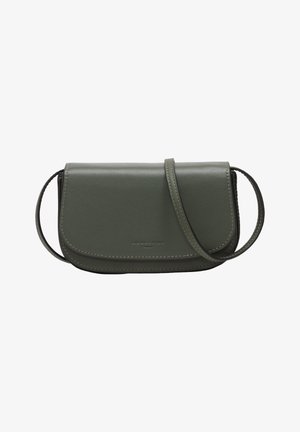 Grüne Kunstleder-Crossbody-Tasche mit Klappenverschluss, dekoriert mit Steppnähten und einem verstellbaren Tragegurt für vielseitigen Einsatz.