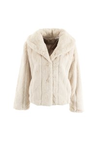 Lichtbeige nepbontjas met een brede kraag, lange mouwen en verticale naaddetails. Zachte textuur en een relaxte pasvorm.