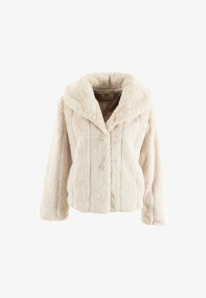 Chaqueta de pelaje sintético beige claro con un amplio cuello, mangas largas y detalles de costura vertical. Textura suave y un ajuste relajado.