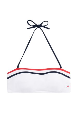 Bikini top bandeau blanc avec des bordures rouges et marines. Il possède des bretelles réglables et un petit logo sur le côté. Tissu lisse et extensible.