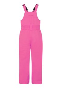 Salopettes roses avec bretelles réglables, taille élastique et jambes droites. Le matériau est lisse et adapté aux activités d'hiver.