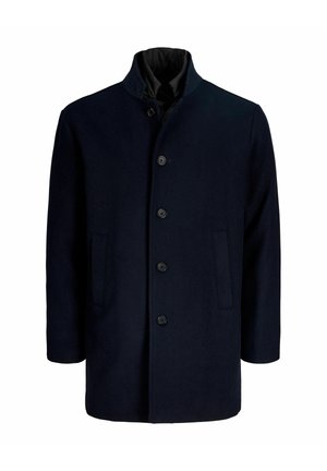 Manteau homme bleu marine foncé, à boutonnière simple, col montant, quatre boutons sur le devant et deux poches latérales.