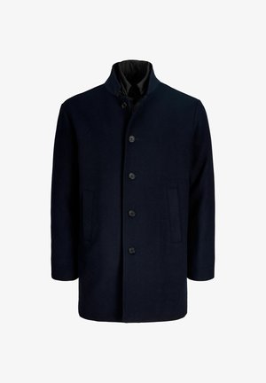 Manteau homme bleu marine foncé, à boutonnière simple, col montant, quatre boutons sur le devant et deux poches latérales.