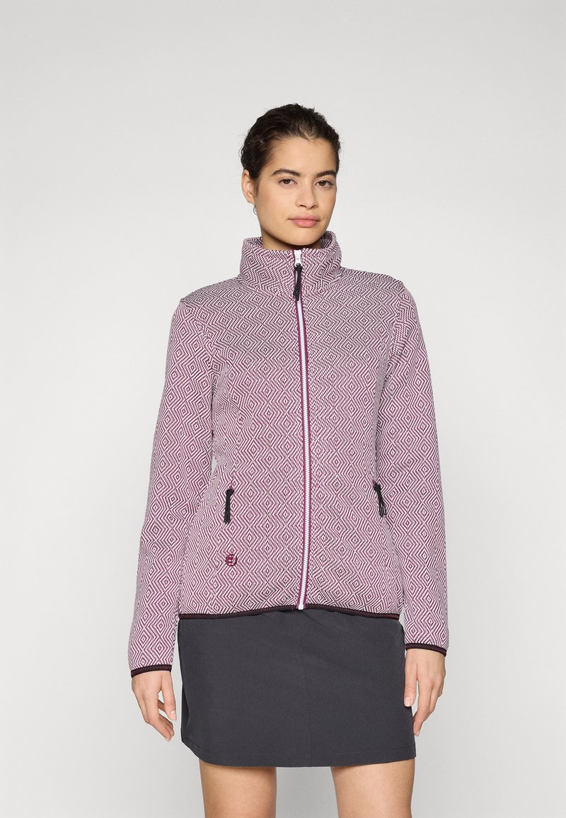 Giacca con zip a motivo geometrico in viola e bianco, dotata di un alto collo, due tasche laterali e dettagli della zip neri.