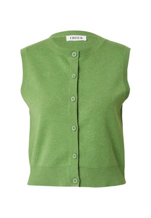 Grüne ärmellose Strickjacke mit Rundhalsausschnitt, ausgestattet mit einem Knopfverschluss und geripptem Design entlang der Kanten. Aus weichem Strickmaterial.