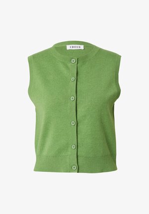 Green sleeveless cardigan with a round neckline, featuring a button closure and ribbed texture along the edges. Soft knit material.
