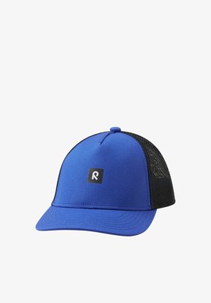 Niebiesko-czarna siateczkowa czapka baseballowa z zakrzywionym daszkiem i małym czarnym kwadratowym logo z białą literą „R” na przednim panelu.