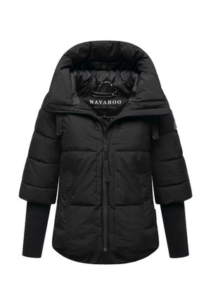 Black puffy jacket with a high collar, zip closure, and wide sleeves. Features ribbed cuffs and brand label inside the collar.