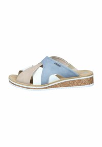 Cork wedge sandals with overlapping leather straps in beige, white, and light blue. Textured sole with grooves for traction.