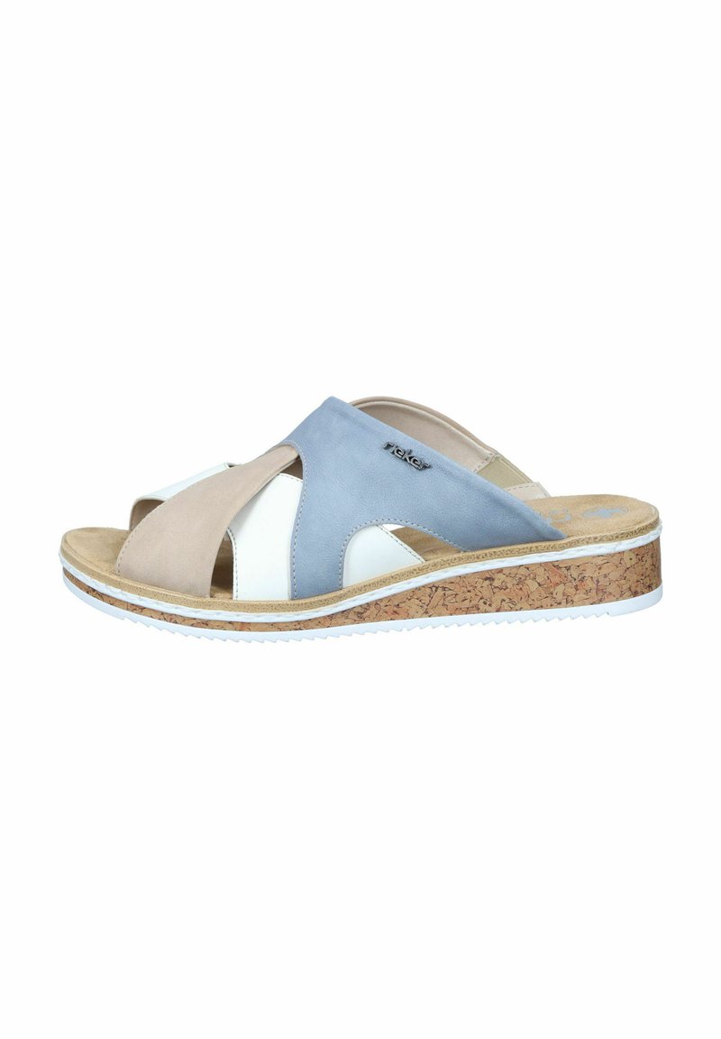 Cork wedge sandals with overlapping leather straps in beige, white, and light blue. Textured sole with grooves for traction.