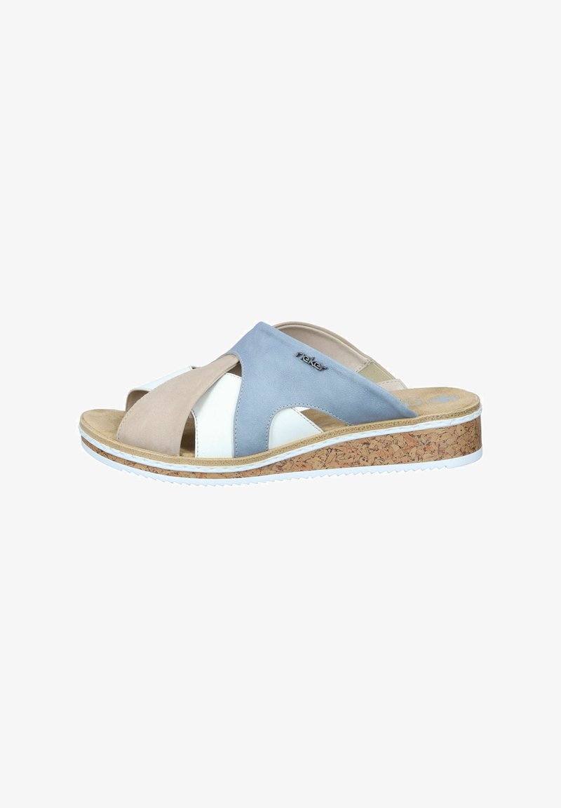 Cork wedge sandals with overlapping leather straps in beige, white, and light blue. Textured sole with grooves for traction.