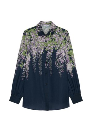 Marineblouse met lange mouwen, knoopsluiting aan de voorkant en een paarse blauwe regen bloemenprint die van de schouders op de mouwen overloopt.