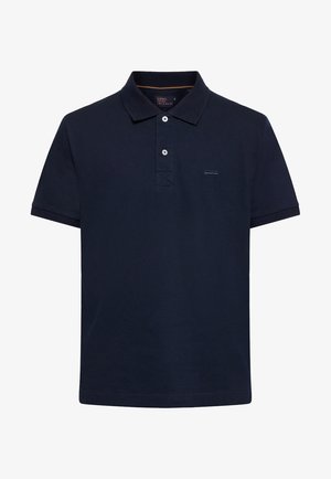 Polo bleu marine en coton texturé, avec un plastron à deux boutons, des manches courtes et un petit logo sur la poitrine.